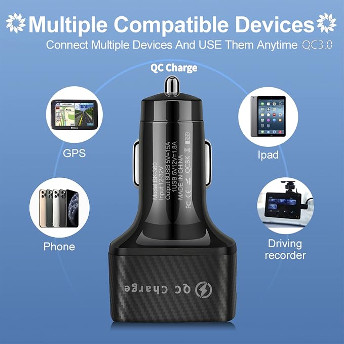Amiss Car Charger Adapter, 6 USB Multi Port, Fast Charger, Include QC 3.0 and 5 Other Ports, Car Interior Accessories, Fit for iPhone 17/16/15/14/13Pro Max, Samsung, Android (Black 1pc)
