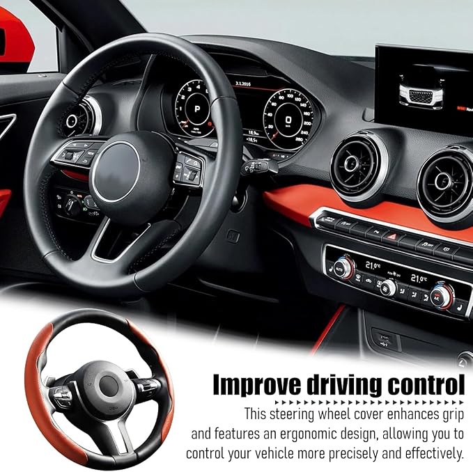 2PCS Car Steering Wheel Cover, 14.5-15" Breathable Nappa Leather Segmented Steering Wheel Protector with Non-Slip Grip, Stylish Auto Interior Decor Accessories, Universal for Vehicles (Orange)