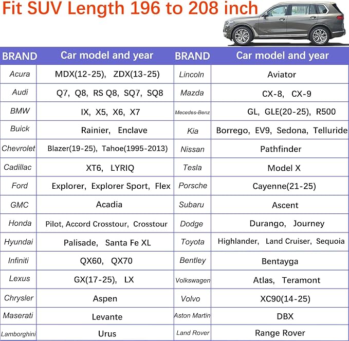 Car Cover Waterproof All Weather for Large SUV,100% Outdoor Rain UV Dust Protection. For Nissan Pathfinder, Ford Explorer/Flex，Cadillac XT6，Infiniti QX60/QX70，Kia Borrego/EV9 (SUV Length 196-208 inch)