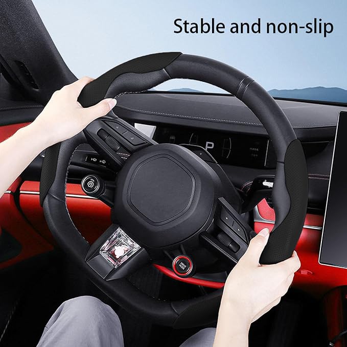 Car Steering Wheel Cover, O/D Shape, Nappa Leather, Segmented, Anti-Slip, Odorless, Breathable, for Men & Women, 14-15inch (Black)