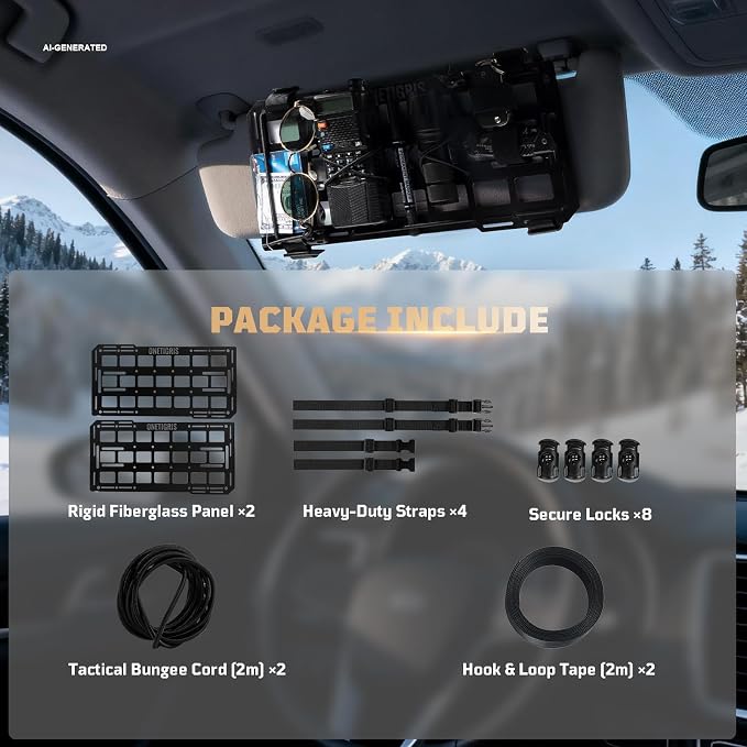ONETIGRIS Rigid Car Sun Visor Organizer, Fiberglass Visor EDC Panel(2 Pack) | Features tactical MOLLE webbing for overhead EDC storage. Heavy-duty vehicle organizer ideal for trucks, SUVs, and Jeeps.
