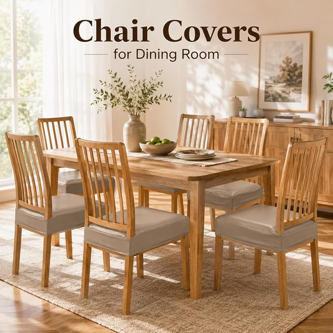 NILUOH Waterproof Seat Covers for Dining Room Chairs Set of 6, Pu Leather Chair Seat Slipcovers Dining Chair Cover Removable Washable Chair Protctor Cover, Rear Covers (PU-Taupe)