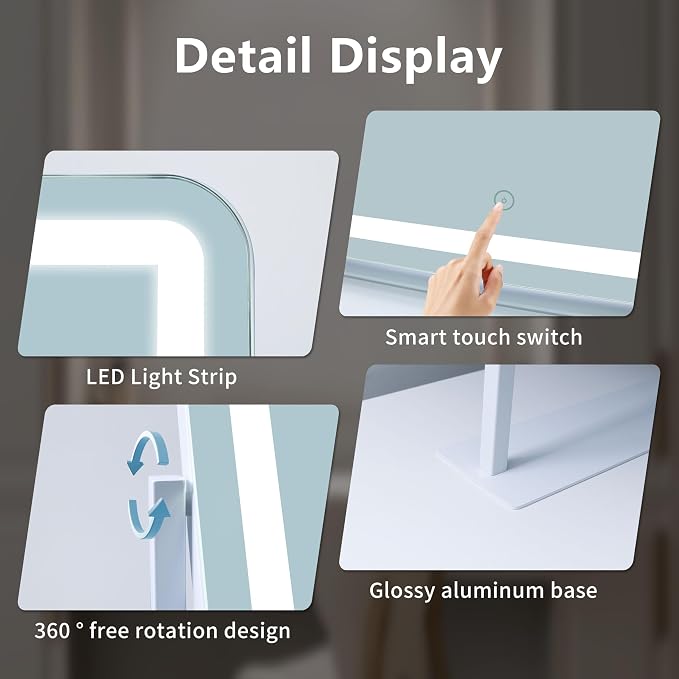 Acoolda Vanity Mirror with Lights, Large Makeup Mirror, LED Lighted, 3 Color Modes, 360 Rotation, 22.2" x 16.3" White