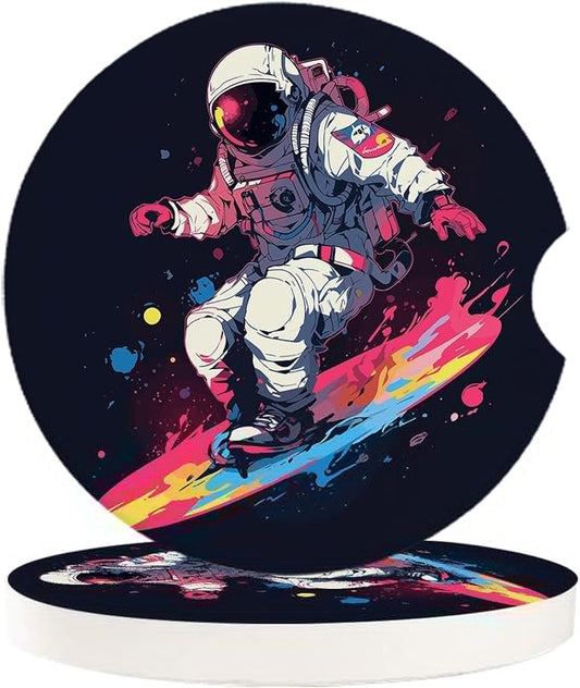 Car Coasters for Cup Holders 2.6" Dia Absorbent Coasters Set of 2 Car Interior Accessories for Women Men Ceramic Car Coaster for Drinks with Finger Grooves,Watercolor Astronaut Skateboard Theme Black