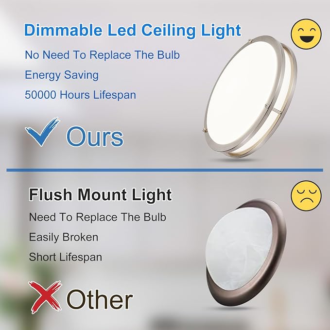 DLLT Flush Mount LED Ceiling Light: 13 Inch 5CCT (3000K-6000K) & Dimmable Ceiling Light Fixtures for Bedroom Hallway - 24W Modern Brushed Nickel Super Bright Kitchen Lighting Fixtures Ceiling