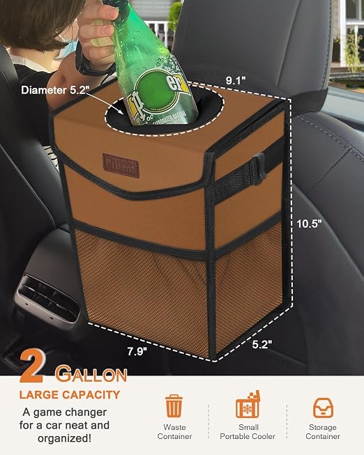 Pritent Car Trash Can with Lid, Cute Leakproof Car Trash Garbage Bag Hanging Vehicle Trash Bin Small Portable Automotive Garbage Cans Organizer for Back/Front Seat(Trapezoid,Brown)