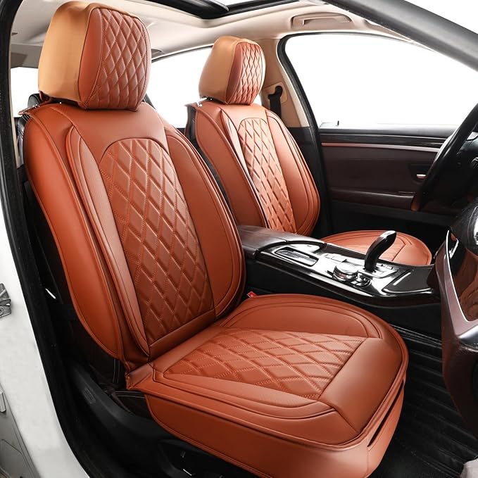MIROZO Front Seat Covers Brown, Leather Car Seat Cover Breathable Automotive Seat Covers Universal Car Seat Protector Vehicle Cushion Cover for Sedan, Truck and SUV (2PCS Front, Brown)