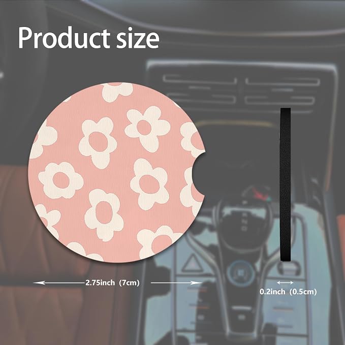 2pcs Pink and White Flowers Car Coasters,Absorbent Universal neoprener Cup Holder Coasters with a Finger Notch,Car Accessories for Women&Man Interior，2.75"