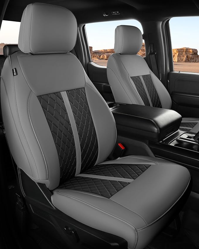 for Ford F150 Leather Seat Covers, SuperCrew XL XLT 2021-2026, F250 F350 F450 Super Duty Crew Cab 2023-2026, Custom Truck Seat Cover Full Set, Pickup Accessories, Gray Black (Bucket Seat)