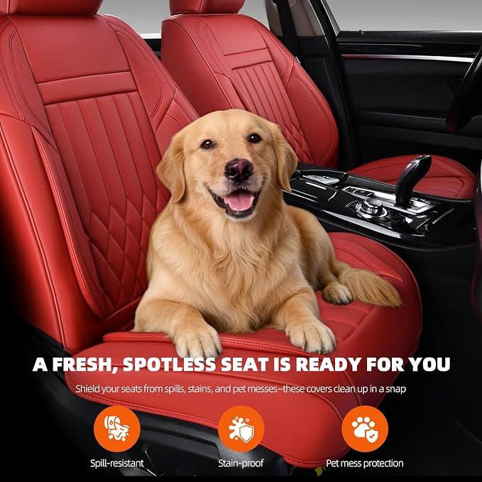 Universal 2-Seater Waterproof Breathable Nappa Leather Car Seat Covers Full Set, Fit for Front Seats, Compatible with Dodge Journey, Toyota Yaris, Honda Pilot HR-V City, Fit Most Sedans SUV Red