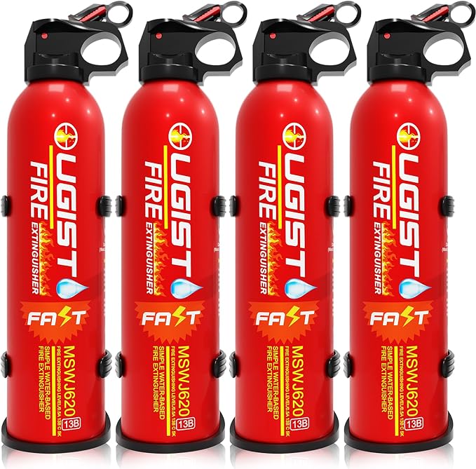Multipurpose Fire Extinguisher (4 Pack, 21oz Each) with Wall Mount Bracket, Water-Based Foam No Residue, for Kitchen Grease & Electrical Fires, Portable Small Extinguisher for Home, Vehicle & Office