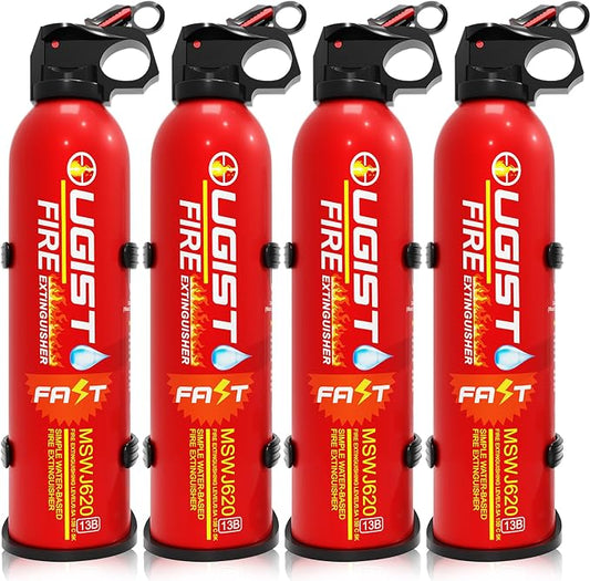 Multipurpose Fire Extinguisher (4 Pack, 21oz Each) with Wall Mount Bracket, Water-Based Foam No Residue, for Kitchen Grease & Electrical Fires, Portable Small Extinguisher for Home, Vehicle & Office