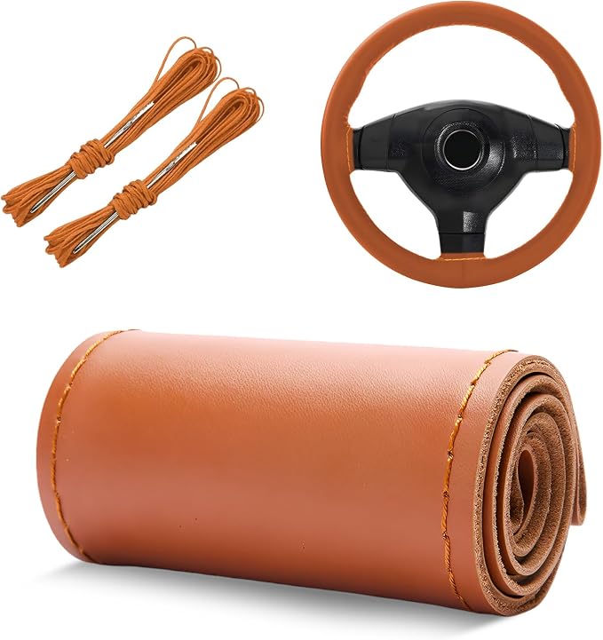 Genuine Leather Steering Wheel Cover, 15 Inch Stitch on Wheel Wrap with Needles & Threads, Breathable Steering Wheel Protector DIY Sewing Wrap for Car Truck SUV (Brown, Glossy)