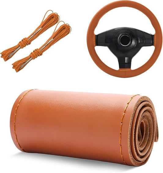 Genuine Leather Steering Wheel Cover, 15 Inch Stitch on Wheel Wrap with Needles & Threads, Breathable Steering Wheel Protector DIY Sewing Wrap for Car Truck SUV (Brown, Glossy)