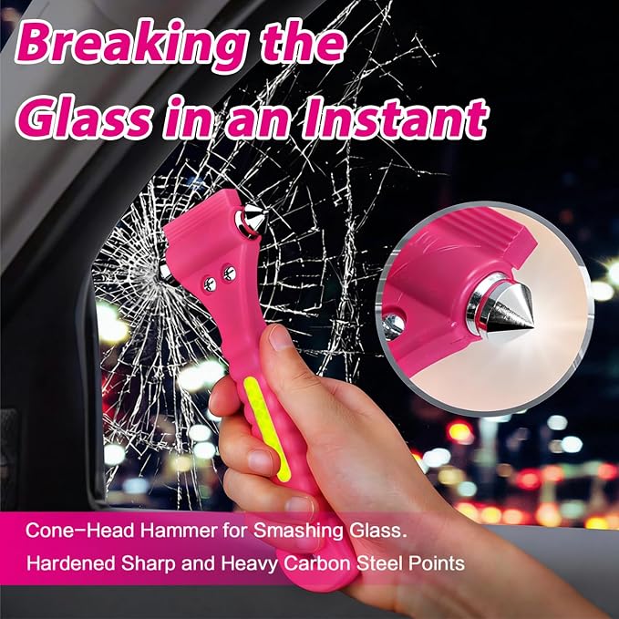 2-in-1 Car Emergency Escape Tool, Glass Window Breaker with Seatbelt Cutter, One Second Quick Release Safety Hammer for Car and Office Use -Pink