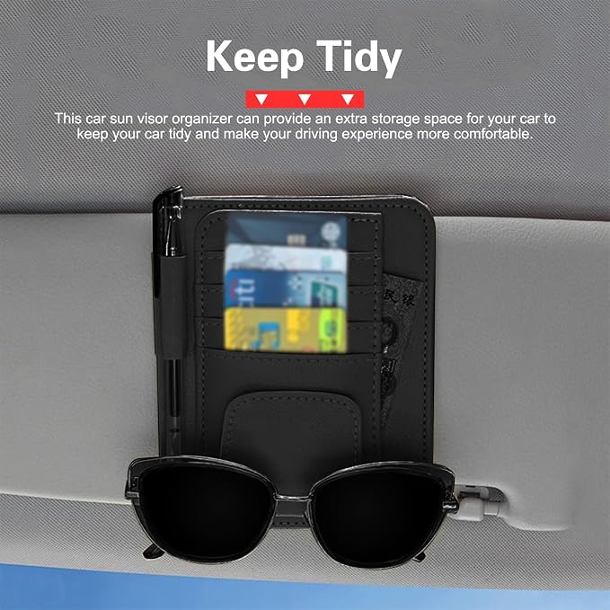 Car Sun Visor Organizer, Premium Leather Sun Visor Sunglass Holder with Card Holders & Pen Clip Slot, Universal Car Interior Organizer for Driving License, Card, Pen (Black)