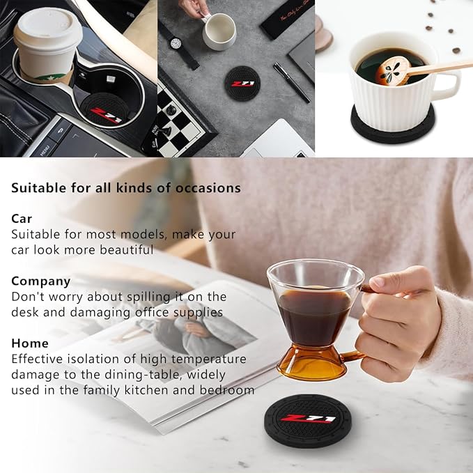 Black Silicone Car Coasters for Chevy Z71 Colorado Silverado Series Non-Slip Car Cup Holder Coasters,Car Interior Accessory for Car Cup Holder 2Pcs 2.75 Inch