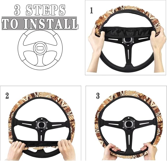 Wanyint Auto Steering Wheel Cover Universal Stretch 15 Inch Anti-Slip Neoprene Car Steering Wheel Protector for Women Men, Aztec Navajo Geometric Brown
