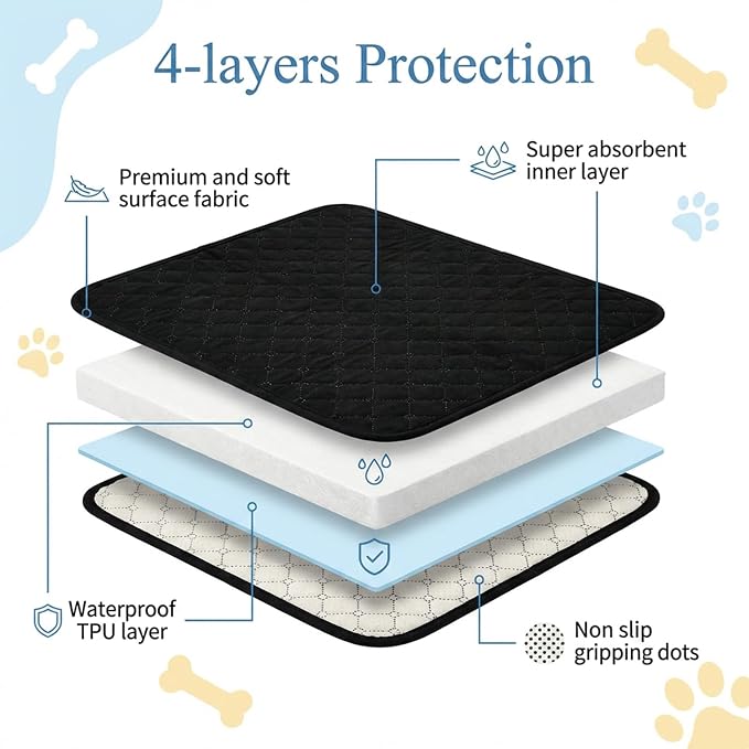 2 PCS Waterproof Chair Pads for Incontinence, Non-Slip Absorbent Wheelchair Seat Protector 19.69" × 15.75" Washable Seat Covers Black Reusable Chair Protector for Bed Wheelchair Seniors Adult