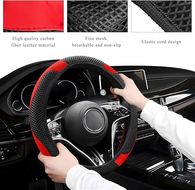 Elastic Stretch Steering Wheel Cover, Warm in Winter and Cool in Summer, Universal 15 inch Microfiber Breathable Ice Silk Anti Slip Car Interior Accessories, Odorless, (Black Red)