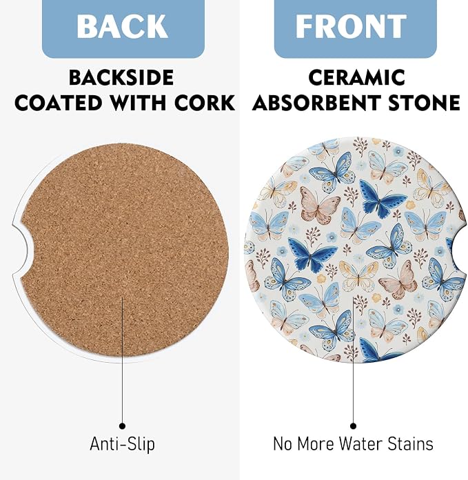2 Pack Car Coasters for Cup Holders, Absorbent Ceramic Cup Coaster with Cork Base and Finger Notch, Cute Car Accessories Interior for Women Men