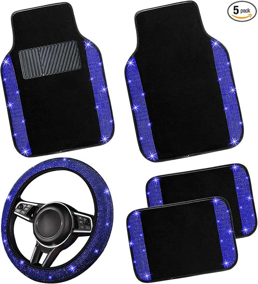 NBTEPEM Bling Car Floor Mats Full Set and Steering Wheel Cover, Universal Fit Most Cars, 4 pcs Sparkle Glitter Diamond Carpet, 5 pcs Bling Car Accessories Set for Women (Blue Diamond)