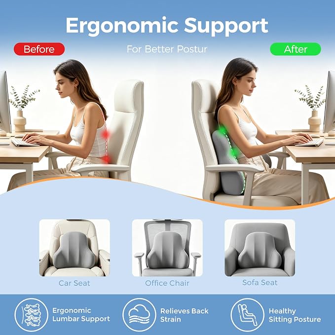 BABUR Ergonomic Memory Foam Lumbar Support Pillow for Car, Back Pain Relief | Ergonomic 100% Memory Foam, Back Pain Relief, Comfort Lower Back Support for Office Chairs, Car Seat, Wheelchair