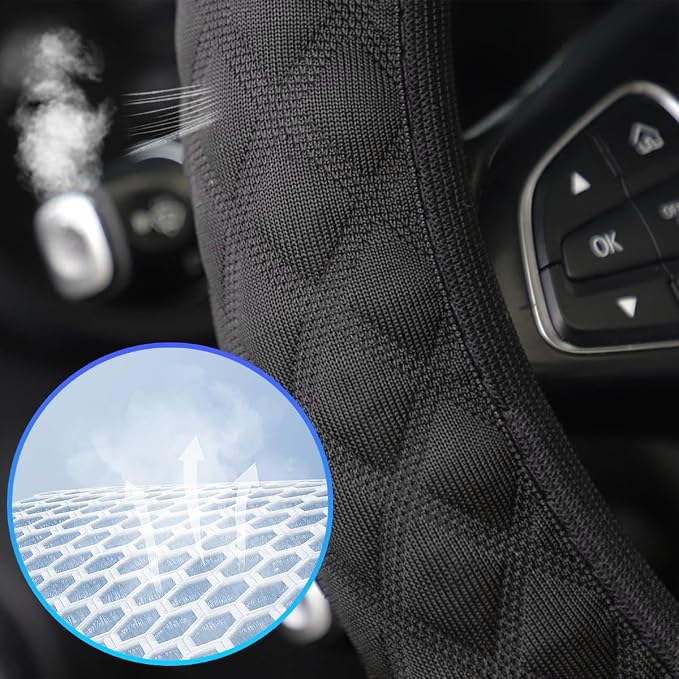 Elastic Stretch Car Steering Wheel Cover, 15Inch Breathable Ice Silk Vehicle Steering Wheel Protecter, Cool in Summer Automotive Interior Protection, Universal for SUV Sedan Truck (Black)