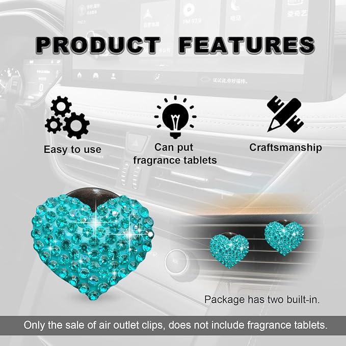 2Pcs Car Air Vent Clip, Bling Crystal Heart Charms Car Air Vent Clips, Air Conditioning Outlet Clip Decorative, Interior Decoration Accessories Universal for Women and Man (blue)