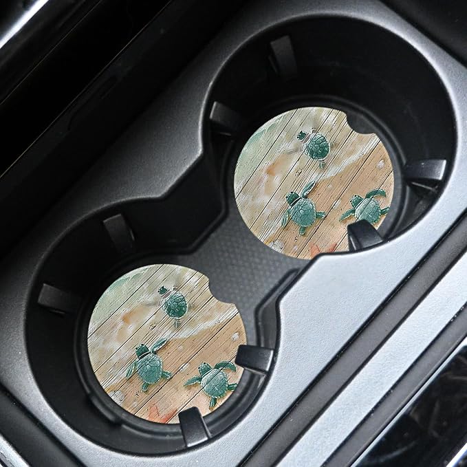 2pcs Cute Sea Turtles Car Coasters,Absorbent Universal neoprener Cup Holder Coasters with a Finger Notch,Car Accessories for Women&Man Interior，2.75"