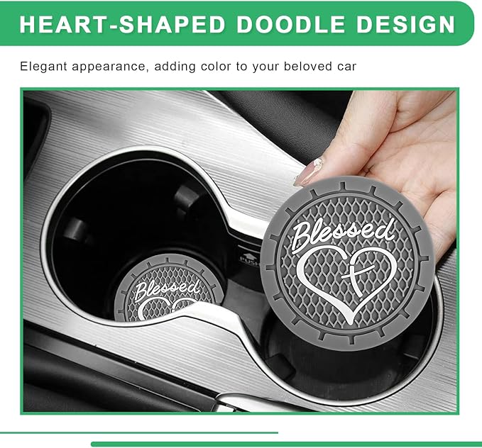 2 PCS Car Cup Holder Coaster, 2.76 Inch Non-Slip Auto Drink Mats with Blessed Cross and Heart, Shockproof Christian Cup Insert Coaster for Most Vehicles, Car Accessories (Gray)