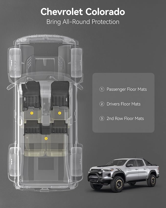 3W Floor Mats for Chevrolet Chevy Colorado/GMC Canyon Crew Cab 2023-2025 2026, All Weather TPE Custom Fit Floor Mats for Cars, 1st and 2nd Row Car Floor Mats, Black