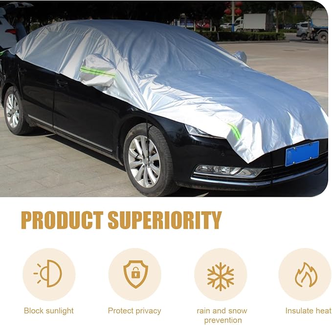 Shakas Half Car Cover, Sun Protection Heat Insulation and Anti-hail Protector for All Seasons, Oxford Velvet Thickened Waterproof Foldable Outdoor Car Cover, for Most Sedans (Silver)