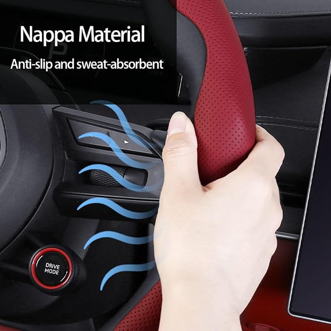 Car Steering Wheel Cover, O/D Shape, Nappa Leather, Segmented, Anti-Slip, Odorless, Breathable, for Men & Women, 14-15inch (Burgundy)