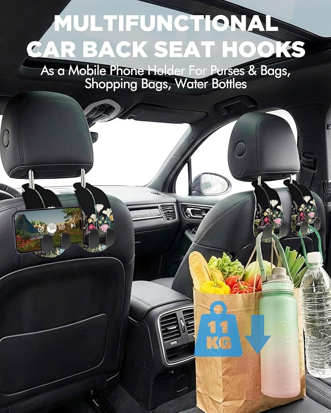 WOCOCN Purse Holder for Car, 2 Pack Heavy Duty Purse Hanger for Car, PU Leather Car Seat Hooks for Purses and Bags, Cute Floral Headrest Organizer for Handbags & Backpacks
