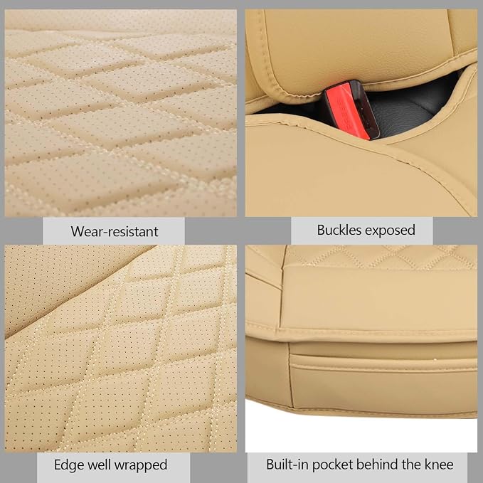 MIROZO Seat Covers Full Set, Leather Car Seat Cover Breathable Seat Protector Waterproof Automotive Seat Covers Non Slip Front & Rear Seat Cushion Universal for Most Sedan Truck,SUV (Beige)