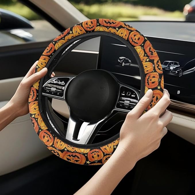 Wanyint Car Steering Wheel Cover Universal 15 Inch Non-Slip Comfortable Stretch Decorative Halloween Auto Steering Wheel Protector Automobile Accessories, Pumpkin Star