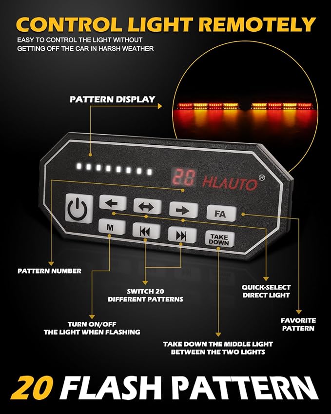 HLauto 604N Emergency Dash Strobe Lights: 2x16.8 inch Amber Red Security Light w/Take Down, 48 LED Safety Flashing Warning Hazard Interior Windshield Light Bar for Trucks Vehicles