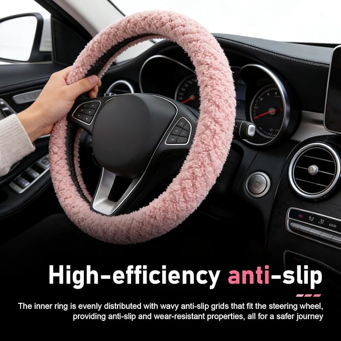 Fuzzy Warm Steering Wheel Cover for Winter, Soft Faux Lamb Fleece with Anti-Slip Inner Ring, 14.96" Inner Diameter Cozy Protective Driving Cover, Universal for Most Cars (Pink)