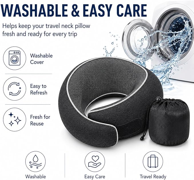Travel Neck Pillow for Airplanes, Pure Memory Foam Neck Pillow with Washable Cover and Storage Bag, Ergonomic 360° Support for Sleeping, Car, Office, Home, Black