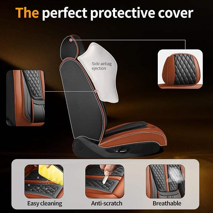 Fit Titan Car Seat Covers Compatible with Nissan Titan 2009-2024 2025 2026.Full Coverage Waterproof Leather,All-Weather Seat Cushion Protector-Easy Installation(5 Seats Full Set,Brown)