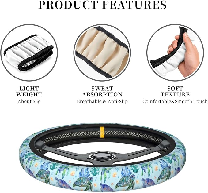 Sea Turtle Steering Wheel Cover Anti-Slip,Sweat Absorption Universal 15 inch Steering Wheel Covers Cute car Accessories for Men Women