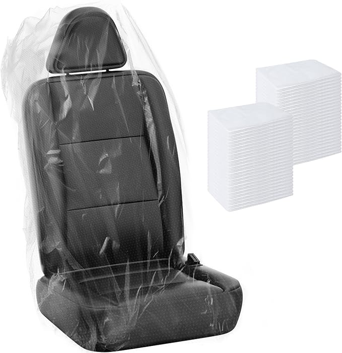 MYFAMIREA 50 PCS Disposable Car Seat Covers Clear Plastic Vehicle Seat Protector, Plastic Seat Covers Protector Universal Water Resistant and Stain Resistant for Cars Auto Truck Bus Airplane