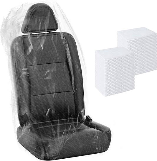 MYFAMIREA 50 PCS Disposable Car Seat Covers Clear Plastic Vehicle Seat Protector, Plastic Seat Covers Protector Universal Water Resistant and Stain Resistant for Cars Auto Truck Bus Airplane