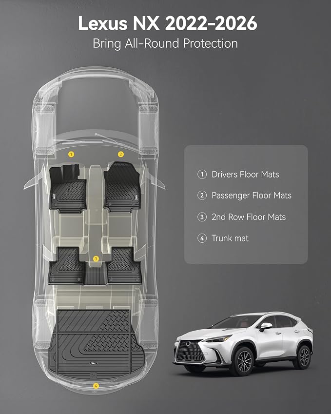 3W Floor Mats & Cargo Liner Fit Lexus NX/ NX250/ NX350 2022-2025 2026 (Not Fit for NX350h/ NX450h+), TPE All Weather Custom Fit Floor Liner for Lexus NX, 1st & 2nd Row Full Set Car Mats, Black