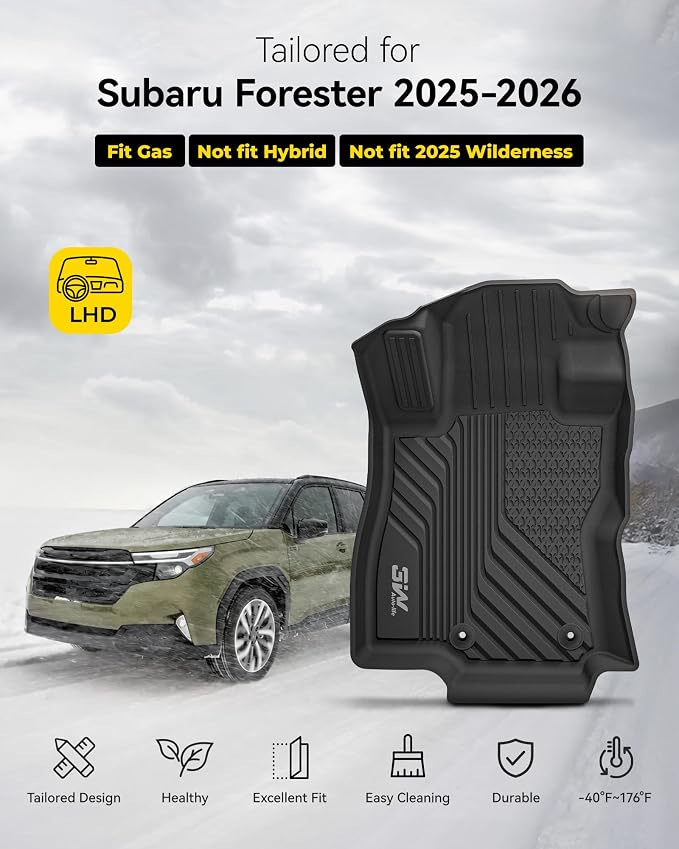 3W Floor Mats for Subaru Forester 2026 2025 (Gas & 2026 Wilderness only) | 3PCS, All Weather Non-toxic TPE Custom Fit 2026 2025 Subaru Forester , Car Accessories，1st-2nd Row Floor Mats