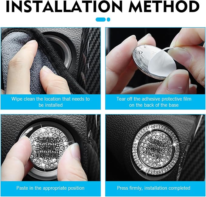 Crystal Rhinestone Car Engine Stop Decoration Ring Sticker, Sparkling Rhinestone Push Start Button Decorative Cover, Bling Interior Accessories for Women, Universal for Most Car (White)
