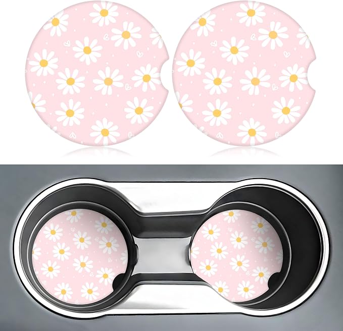 Pink Daisy Flower Car Coasters for Cup Holders,2 Pack Car Cup Holder Coasters for Car,Ceramic Absorbent Car Coaster with A Finger Notch and Cork Base,Car Interior Accessories for Women Men
