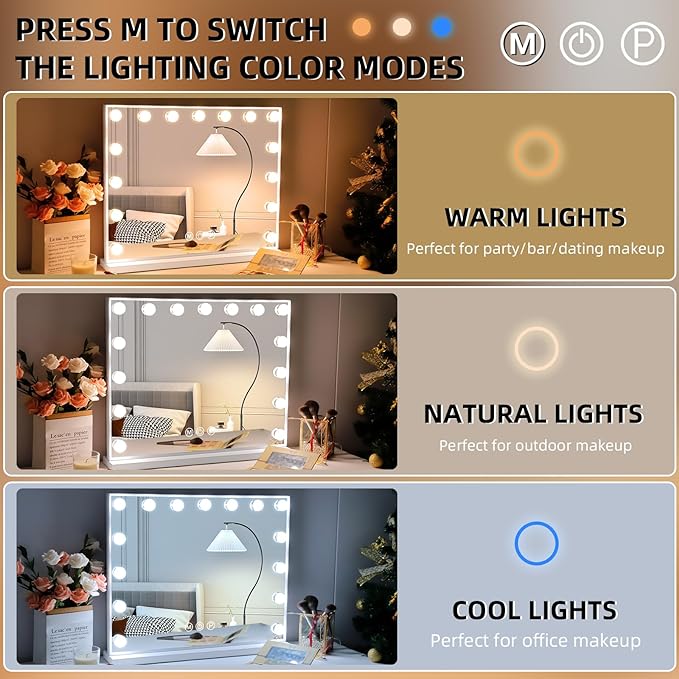 Hansong Vanity Mirror with Lights: Hollywood Lighted Makeup Mirror with 15 LED Bulbs, 22.8''x18'' Light Up Mirror with 3 Colors Modes for Desk, Large Mirrors with USB Charging Port for Bedroom, White