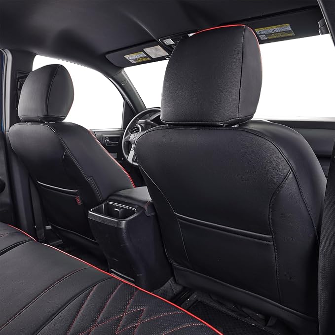 EKR Custom Fit Tacoma Leather Car Seat Covers for Toyota Tacoma 2012 2013 2014 2015 (TRD Sport Seats)- Full Set,Faux Leather(Black with Red Trim)